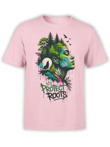 Pink Protect Roots T-shirt with a colorful forest profile, wolf, moon, evergreen trees, and flying birds