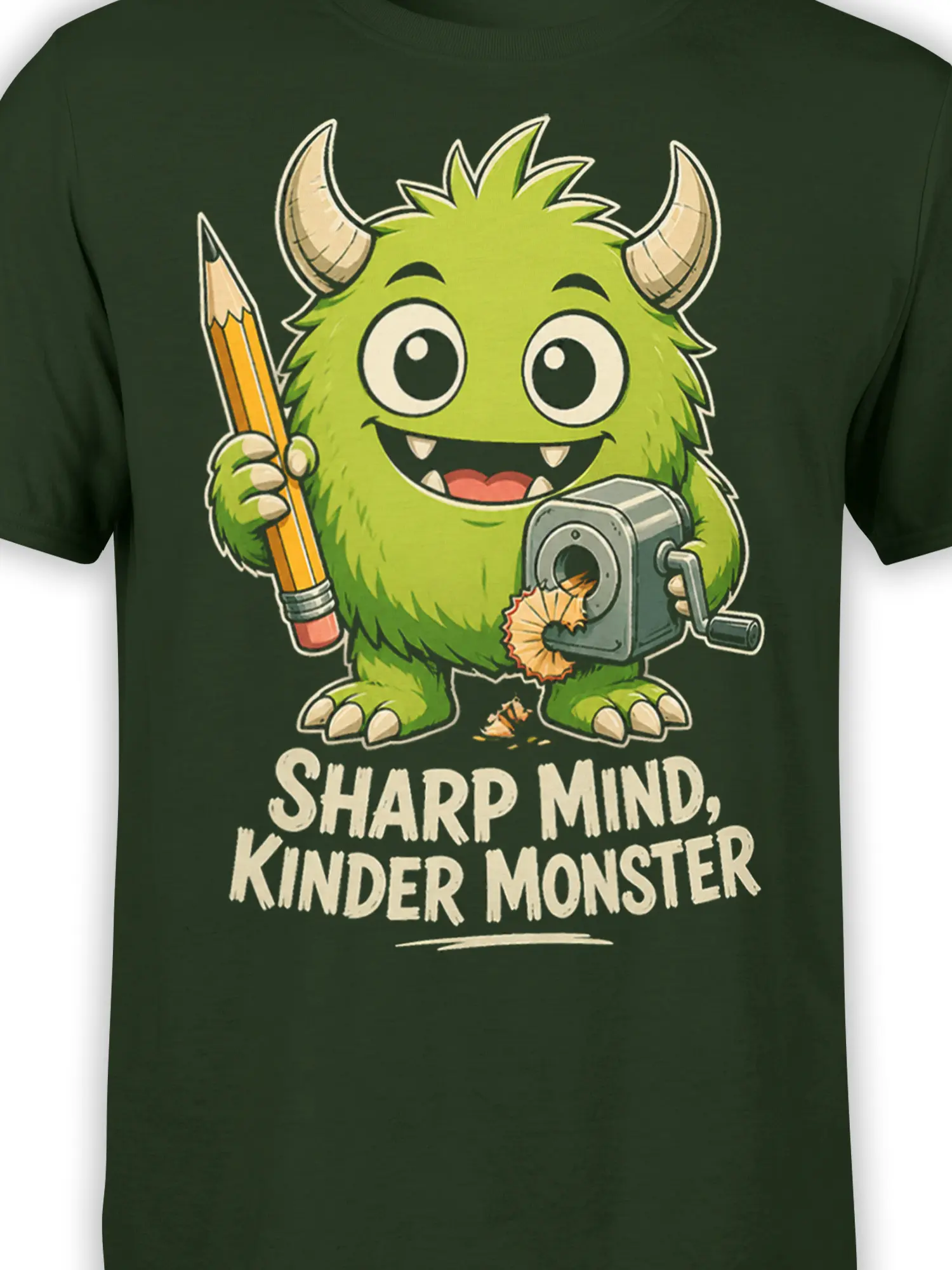 Close-up of the green horned monster, pencil, sharpener, and cream lettering on the T-shirt