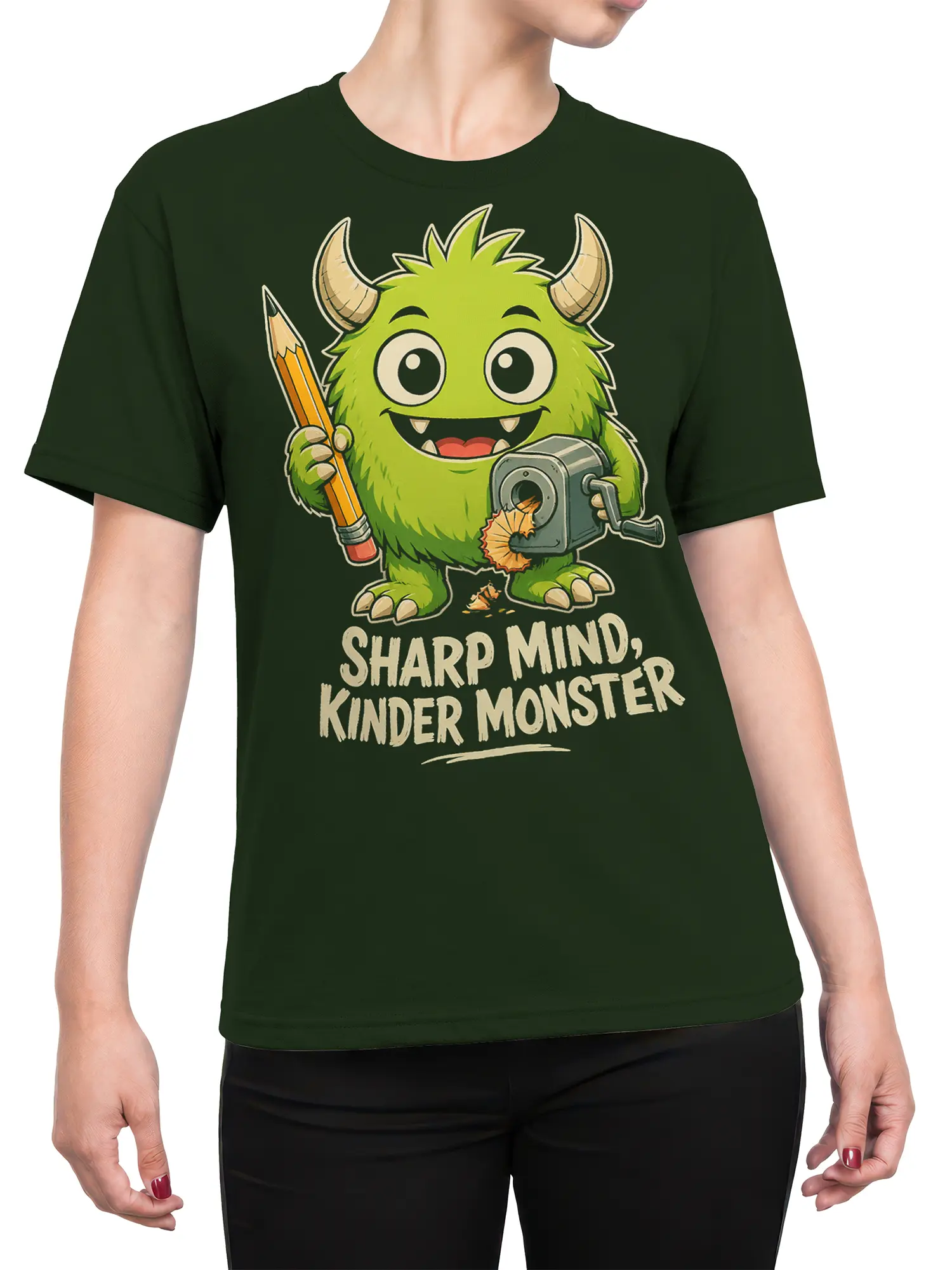 Female torso wearing a dark green T-shirt with a cheerful horned monster, pencil, sharpener, and message