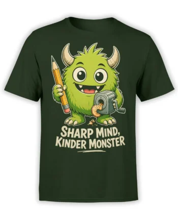 Green horned monster holding a pencil and sharpener on a dark green T-shirt with bold lettering