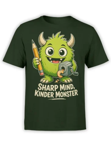 Green horned monster holding a pencil and sharpener on a dark green T-shirt with bold lettering
