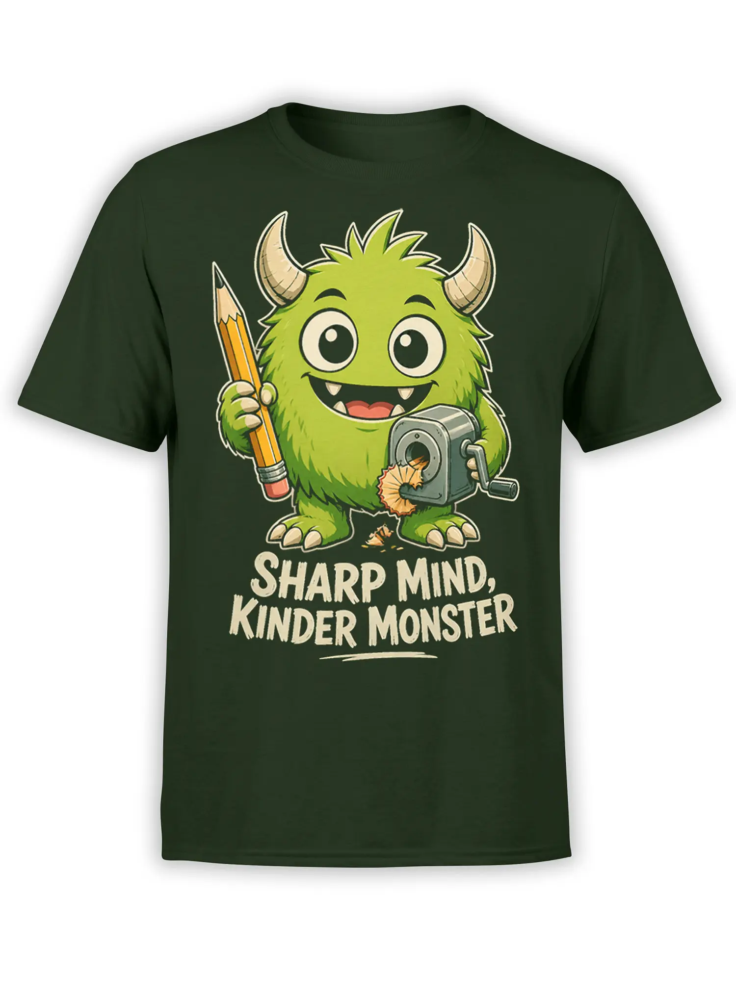 Green horned monster holding a pencil and sharpener on a dark green T-shirt with bold lettering