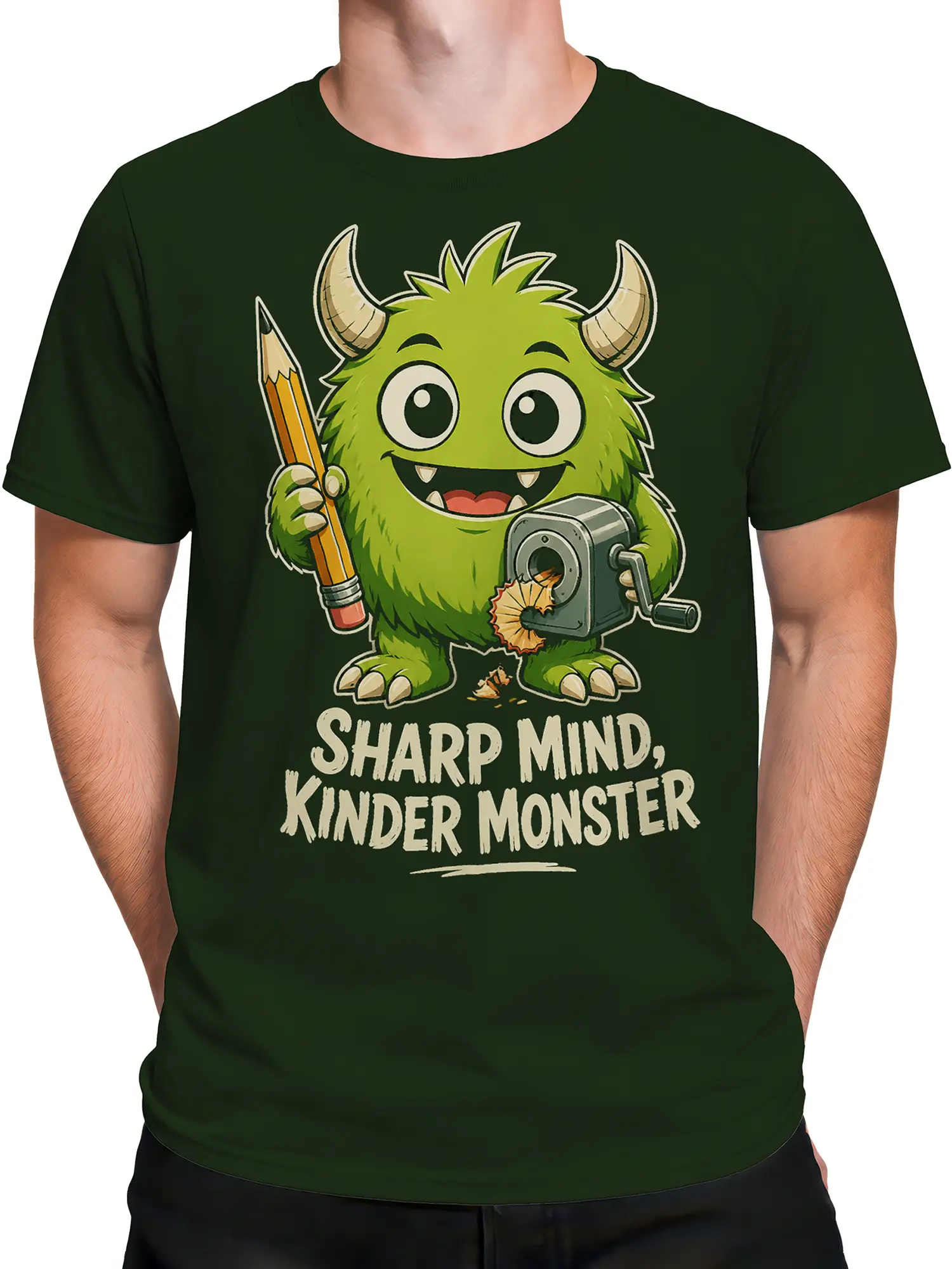 Male torso wearing a dark green T-shirt with a green horned monster graphic and clever lettering