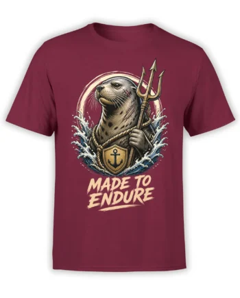 Burgundy T-shirt with a seal holding a trident above waves and “Made to Endure” lettering