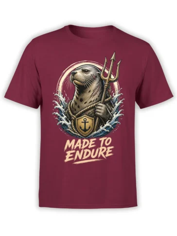 Burgundy T-shirt with a seal holding a trident above waves and “Made to Endure” lettering