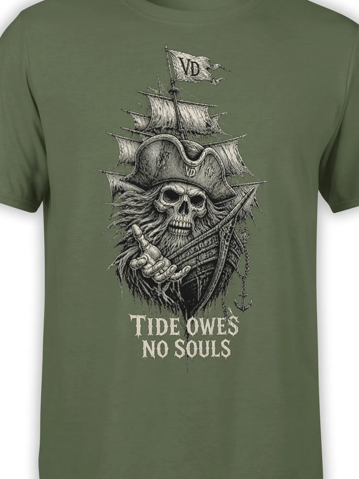Close-up of pirate skeleton ship artwork and “TIDE OWES NO SOULS” lettering on a green graphic tee