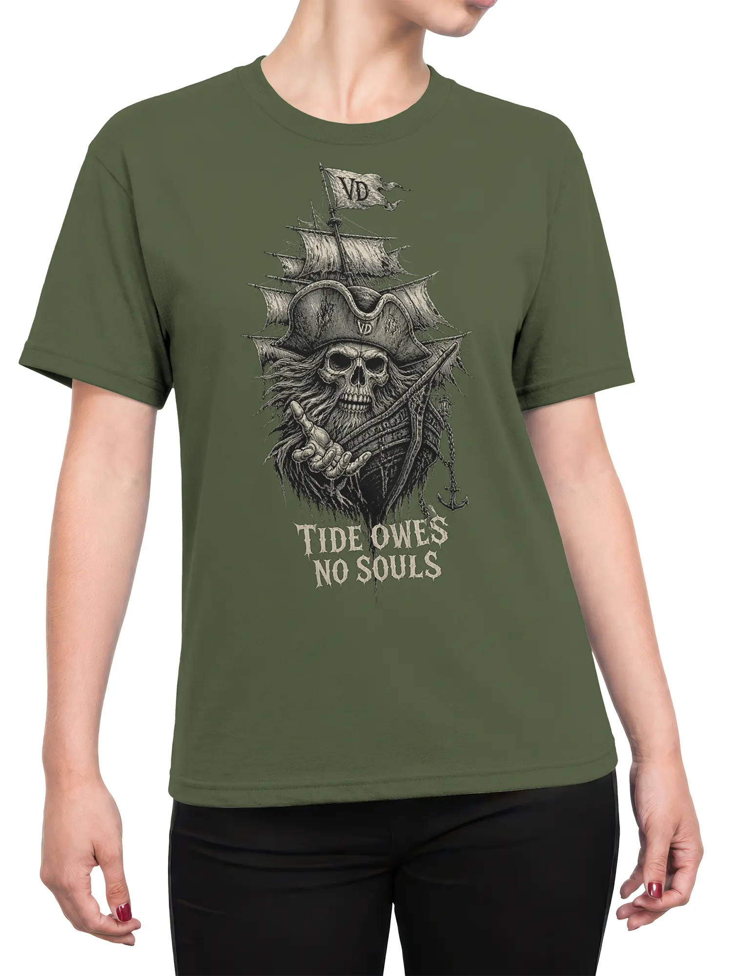 Female torso wearing a green pirate skull T-shirt with detailed ship artwork and dark nautical lettering
