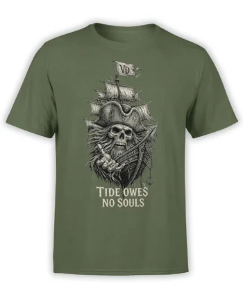 Green pirate skull T-shirt with a skeleton captain, sailing ship, sword, anchor, and “TIDE OWES NO SOULS” artwork