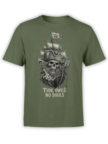 Green pirate skull T-shirt with a skeleton captain, sailing ship, sword, anchor, and “TIDE OWES NO SOULS” artwork
