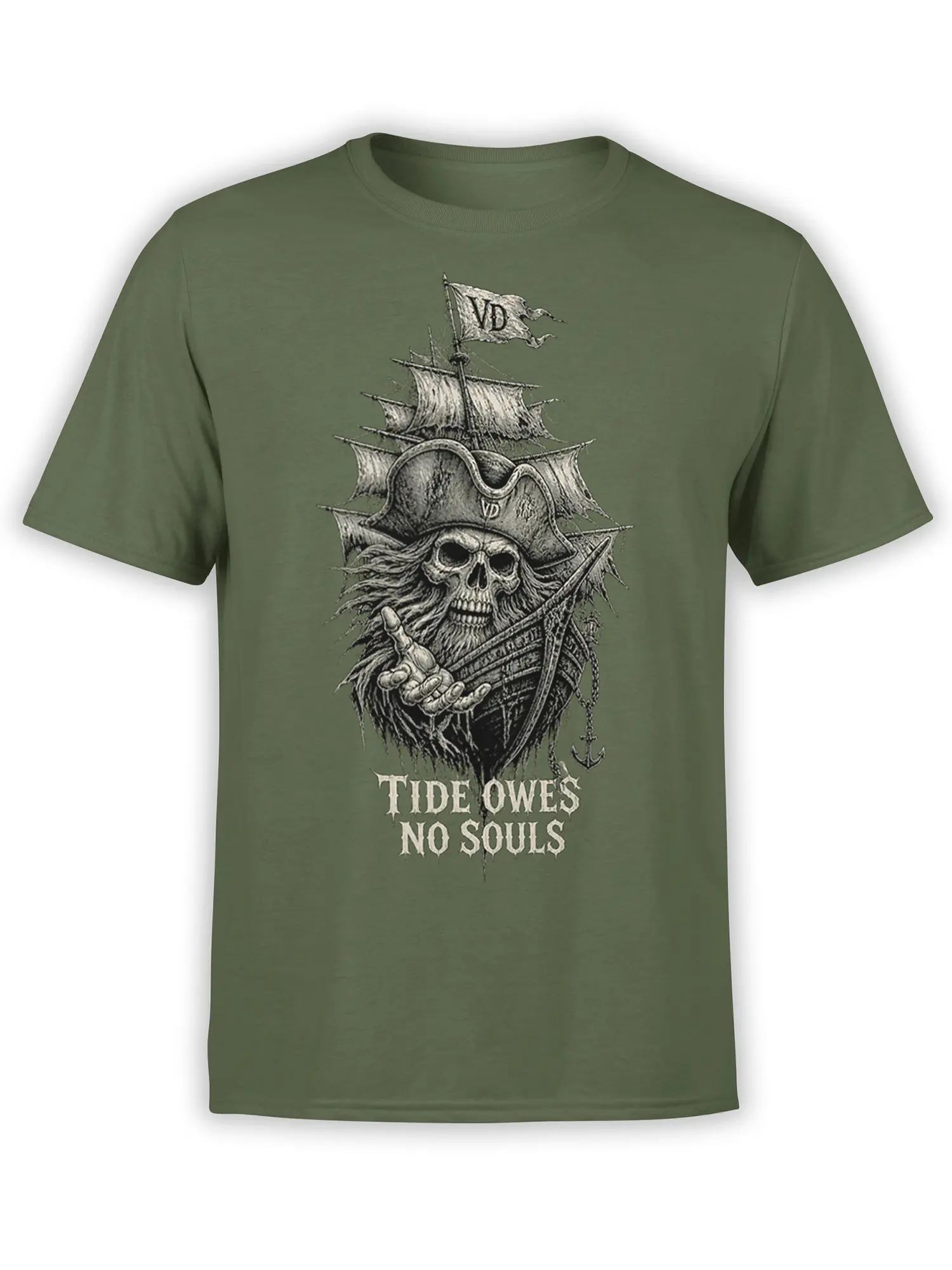 Green pirate skull T-shirt with a skeleton captain, sailing ship, sword, anchor, and “TIDE OWES NO SOULS” artwork