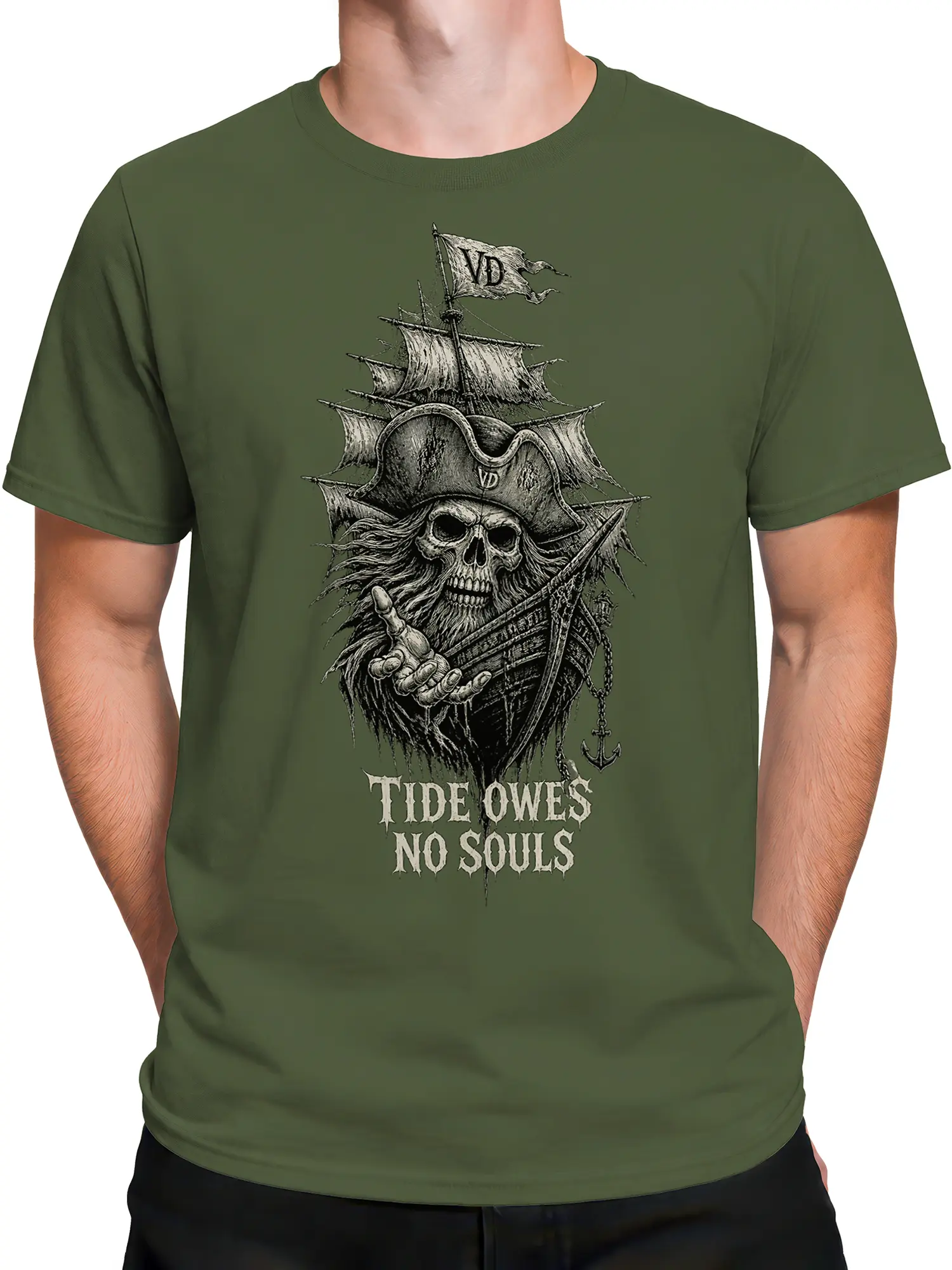 Male torso wearing a green pirate skull T-shirt with a skeleton captain and sailing ship design