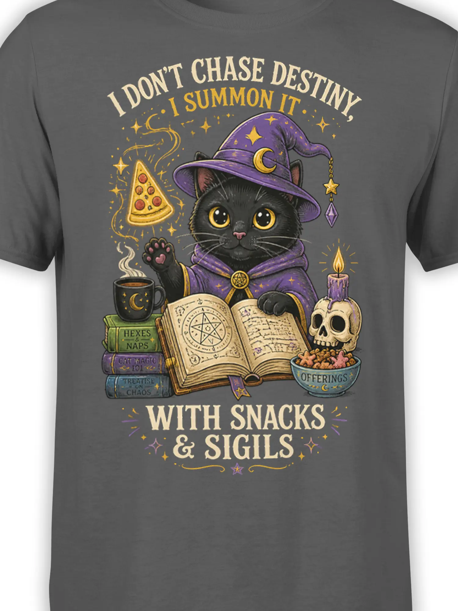 Close-up of black cat wizard artwork with purple robe, spellbook, pizza, skull candle, and snack bowl