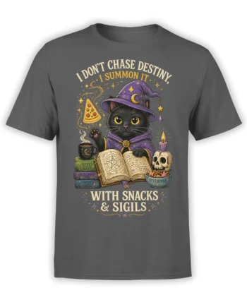 Black cat wizard graphic with pizza, spellbooks, skull candle, and snacks on a gray T-shirt