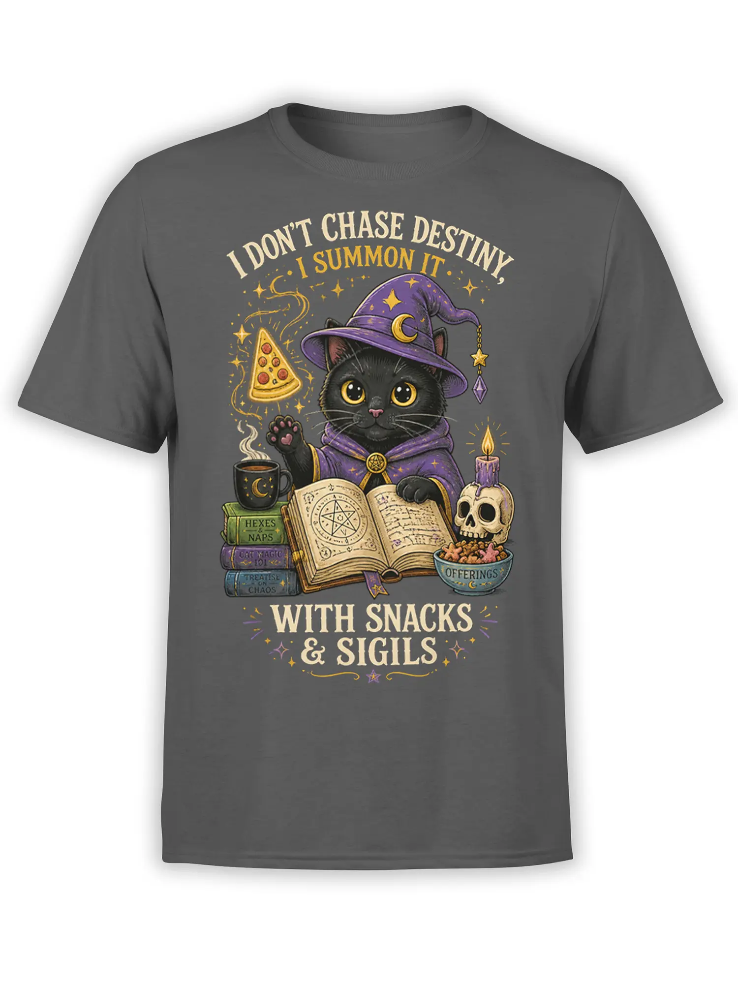 Black cat wizard graphic with pizza, spellbooks, skull candle, and snacks on a gray T-shirt