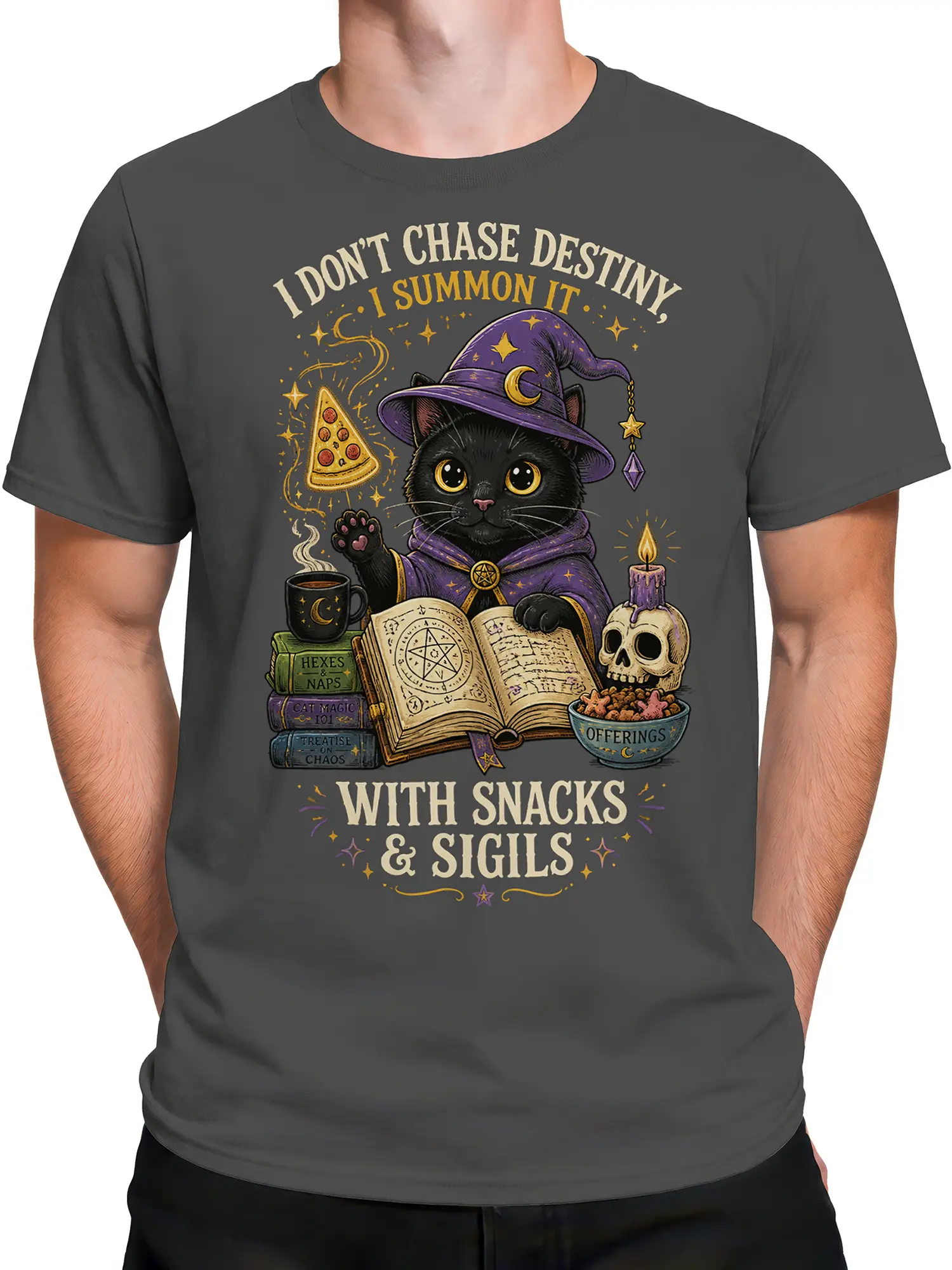 Male torso wearing a gray cat wizard T-shirt with spellbooks, pizza, skull candle, snacks, and sigils