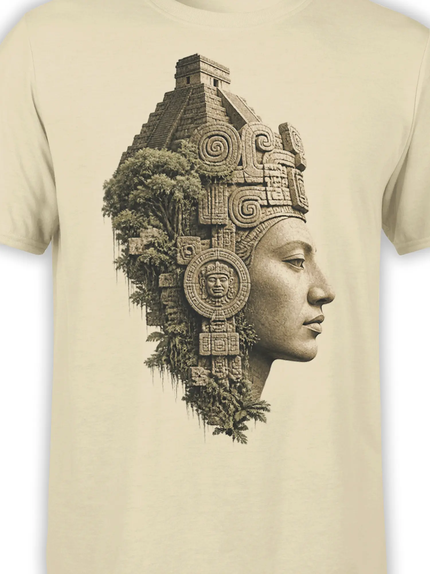 Close-up of ancient temple profile artwork with carved stone details and jungle foliage on beige fabric