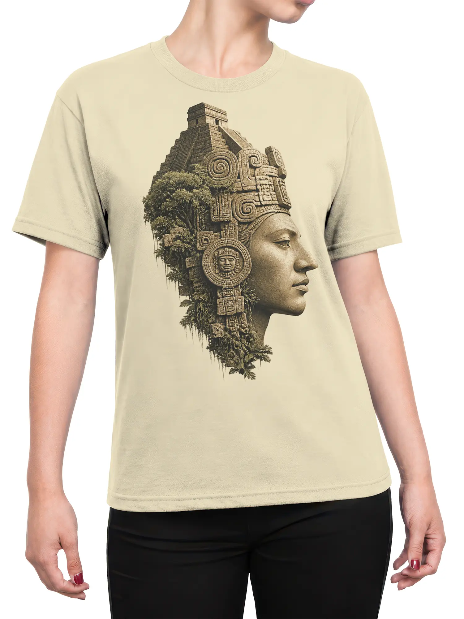 Female torso wearing a beige T-shirt with an ancient temple profile and jungle-inspired sepia artwork