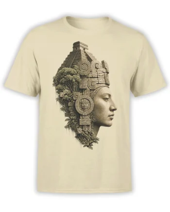 Beige T-shirt with a sepia carved profile, ancient temple, stone ornaments, and jungle details
