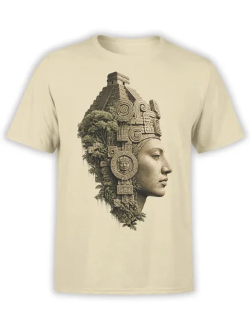 Beige T-shirt with a sepia carved profile, ancient temple, stone ornaments, and jungle details