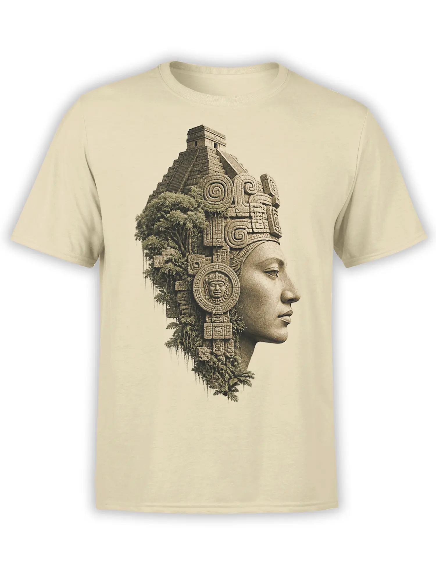 Beige T-shirt with a sepia carved profile, ancient temple, stone ornaments, and jungle details