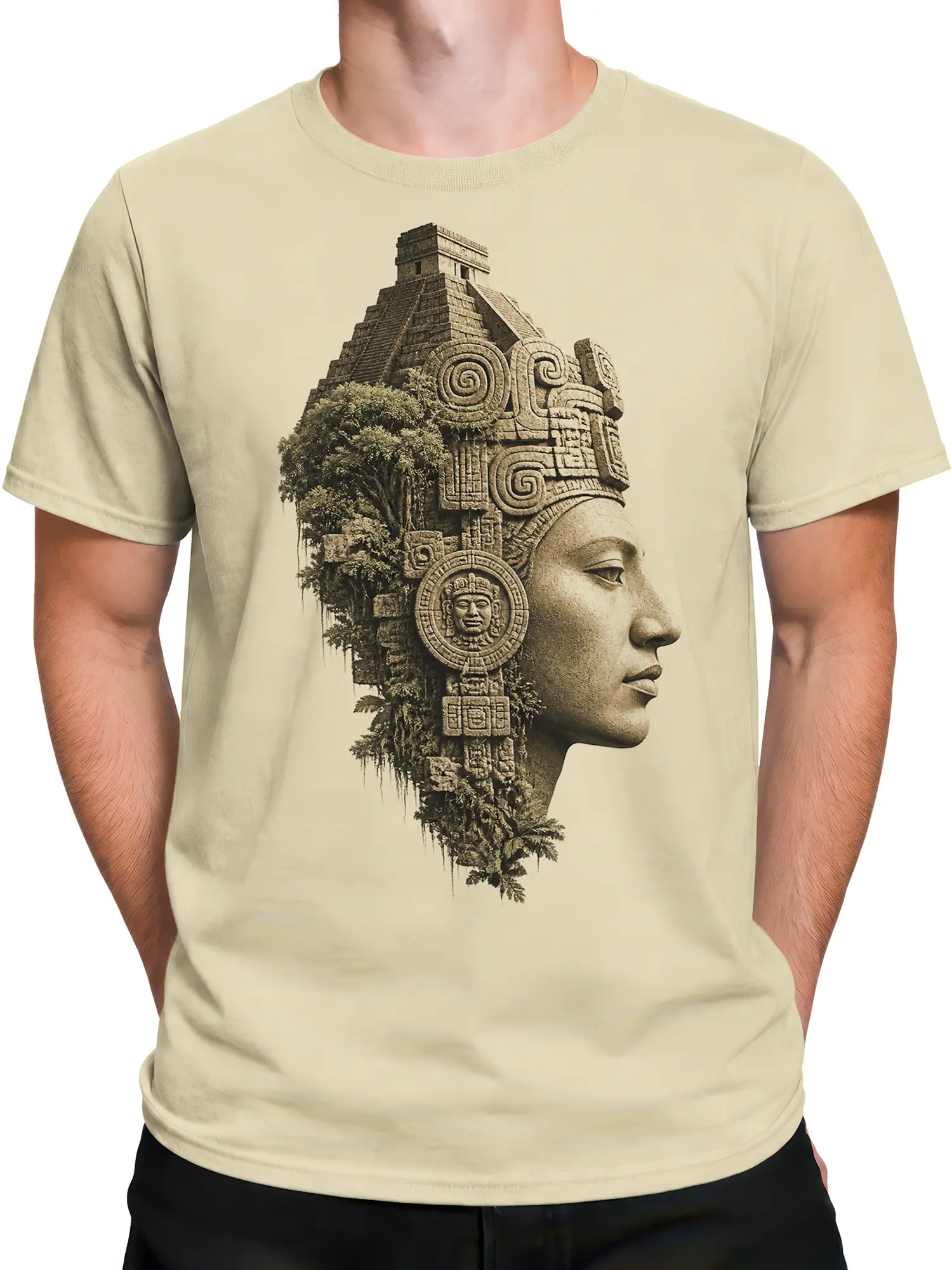 Male torso wearing a beige T-shirt with a sepia ancient temple profile graphic design