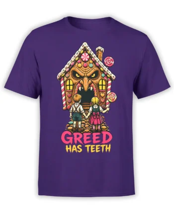 Purple T-shirt with a toothy candy house, two children, sweets, and “Greed Has Teeth” artwork
