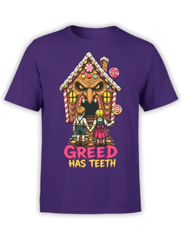Purple T-shirt with a toothy candy house, two children, sweets, and “Greed Has Teeth” artwork