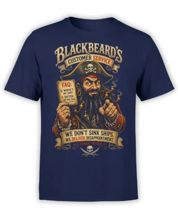Blackbeard pirate customer service graphic with skulls and sarcastic banners on a navy T-shirt
