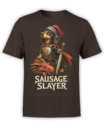 Dark brown dog t-shirt featuring a helmeted sausage dog knight, red cape, sword, defeated dragon, and Sausage Slayer text