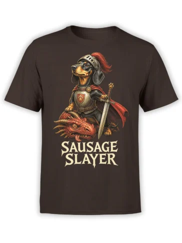 Dark brown dog t-shirt featuring a helmeted sausage dog knight, red cape, sword, defeated dragon, and Sausage Slayer text