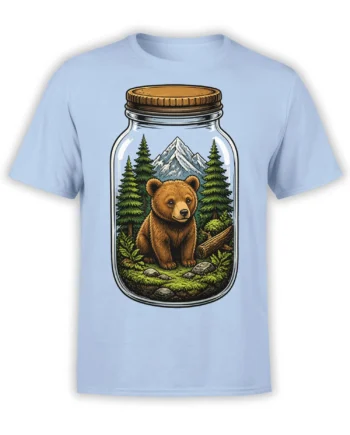 Light blue bear graphic tee showing a bear in a glass jar with pine trees and snowy mountains