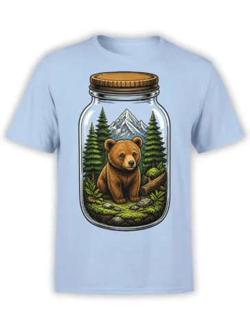 Light blue bear graphic tee showing a bear in a glass jar with pine trees and snowy mountains