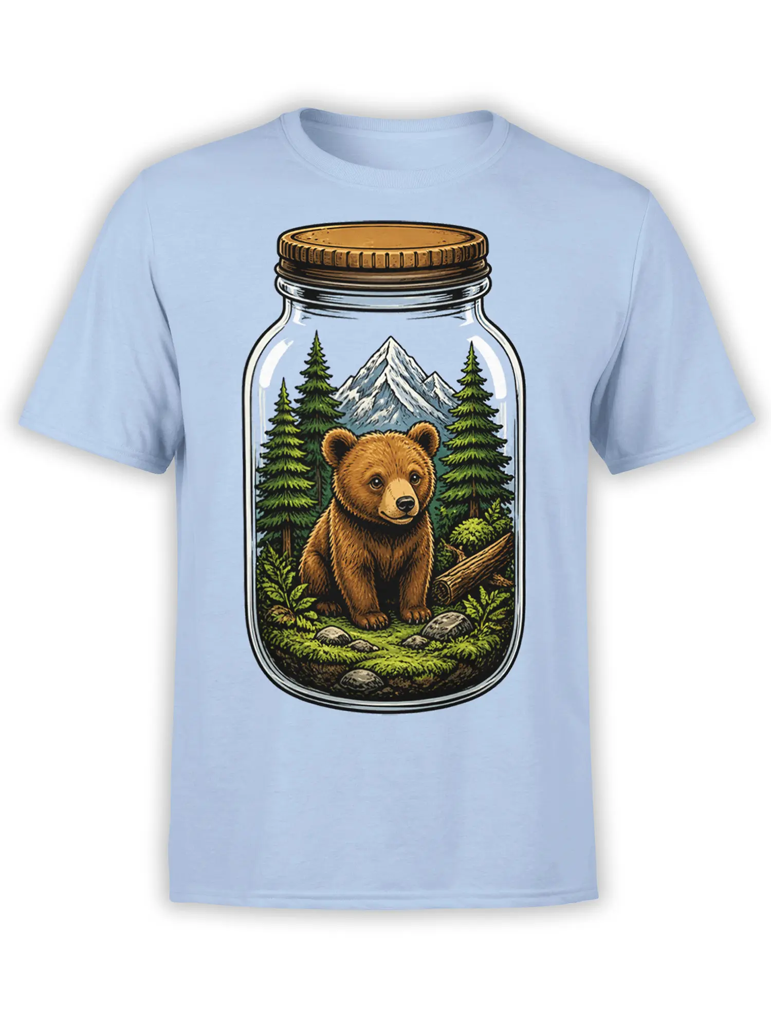 Light blue bear graphic tee showing a bear in a glass jar with pine trees and snowy mountains