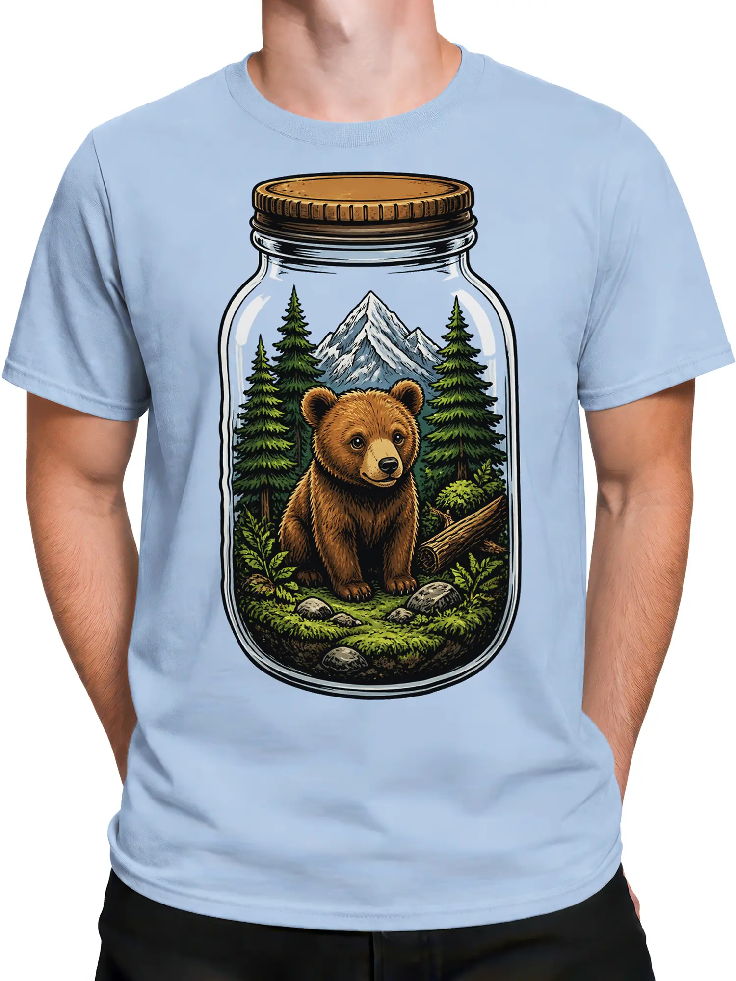 Male torso wearing a light blue T-shirt with bear, forest, and mountain jar artwork