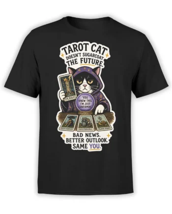 Black T-shirt with a hooded cat tarot reader, crystal ball, tarot cards, and dry fortune-telling text