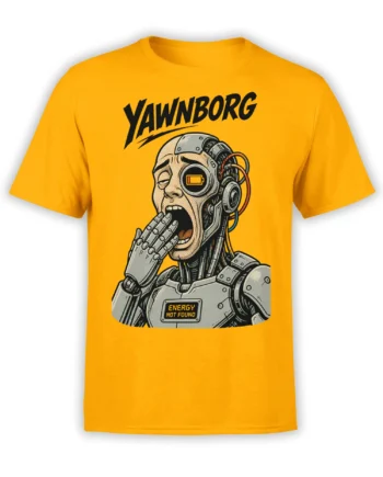 Yellow robot T-shirt with tired mechanical face, low-battery eye, and Energy Not Found graphic
