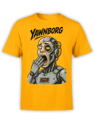 Yellow robot T-shirt with tired mechanical face, low-battery eye, and Energy Not Found graphic
