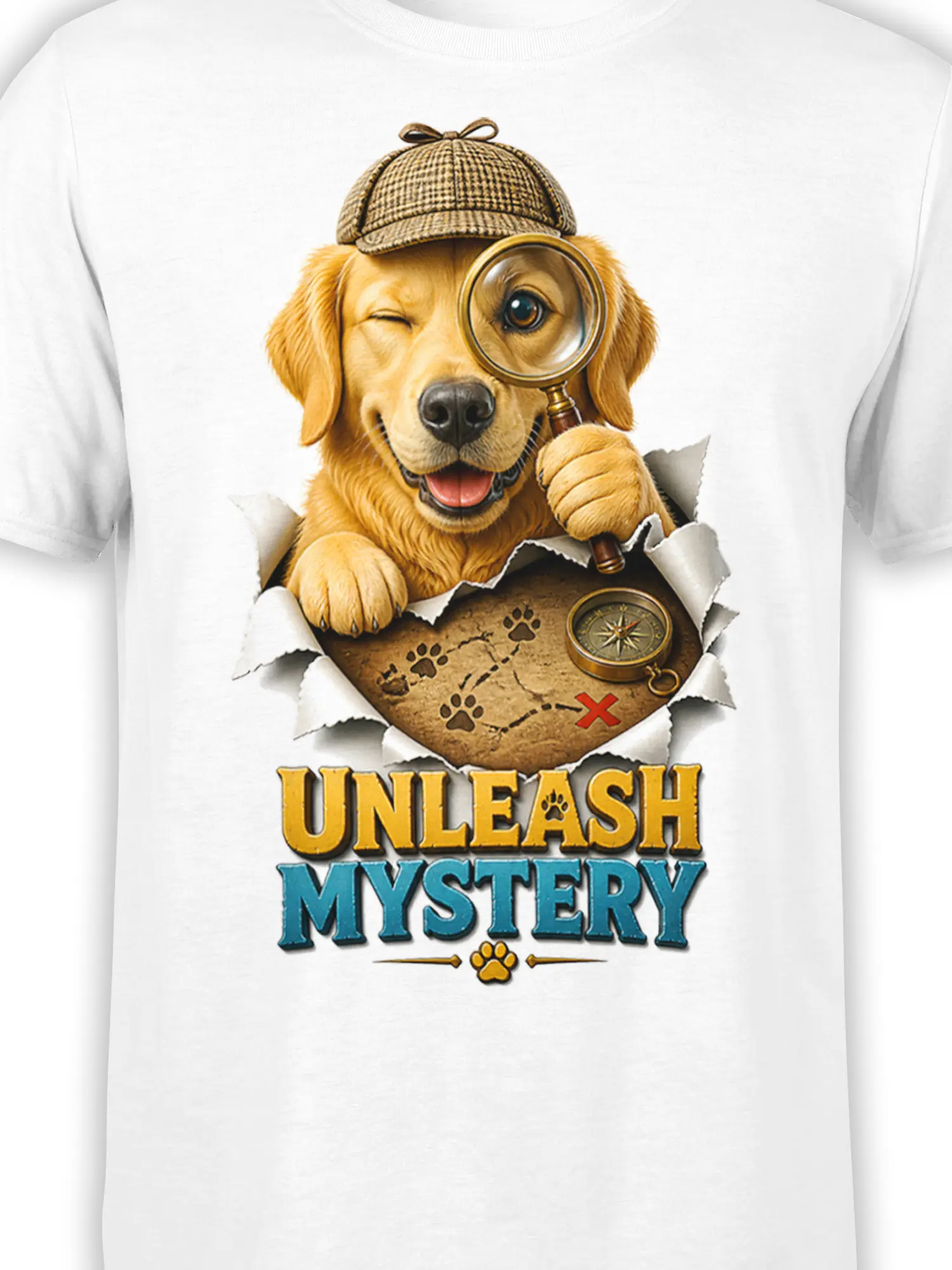 Close-up of detective dog graphic with magnifying glass, compass, map, paw prints, and Unleash Mystery text