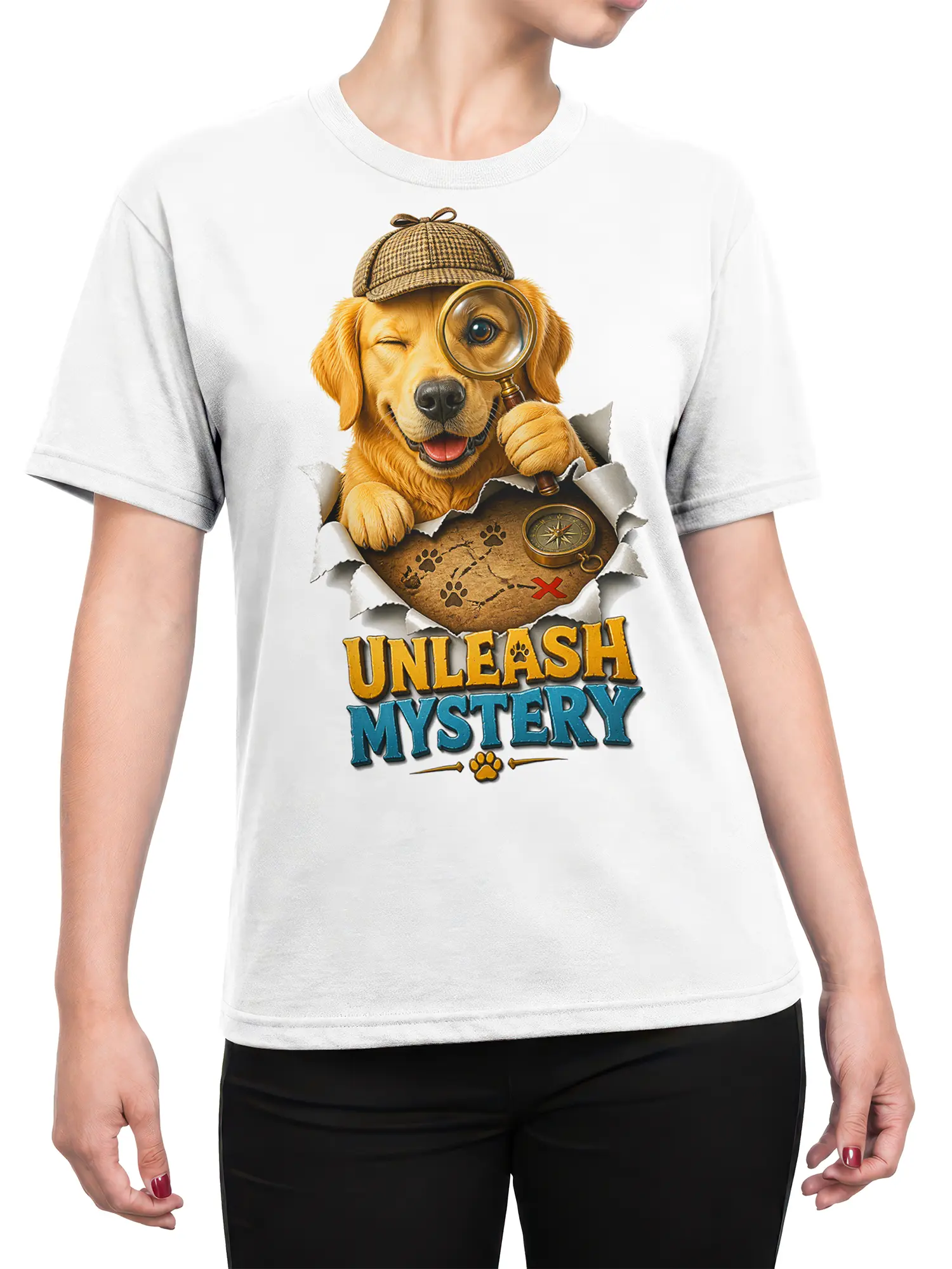 Female torso wearing a white detective dog T-shirt with Unleash Mystery adventure artwork