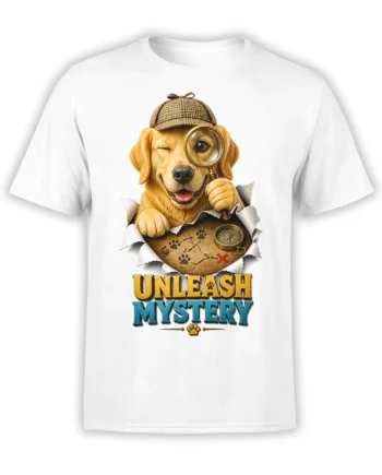 White dog T-shirt with detective cap, magnifying glass, treasure map, and Unleash Mystery design