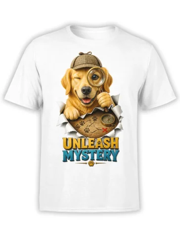 White dog T-shirt with detective cap, magnifying glass, treasure map, and Unleash Mystery design
