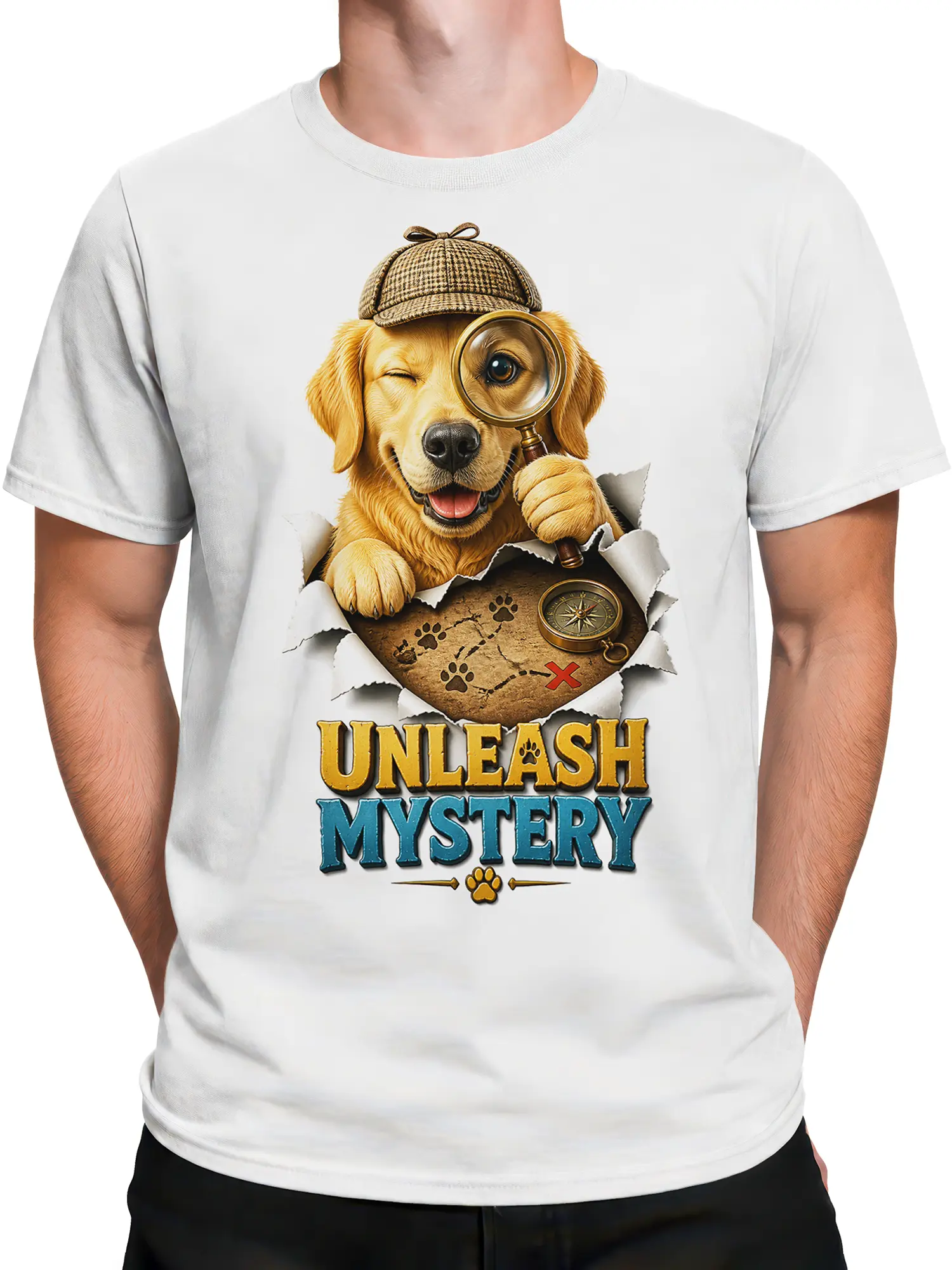 Male torso wearing a white dog detective T-shirt with treasure map and Unleash Mystery graphic