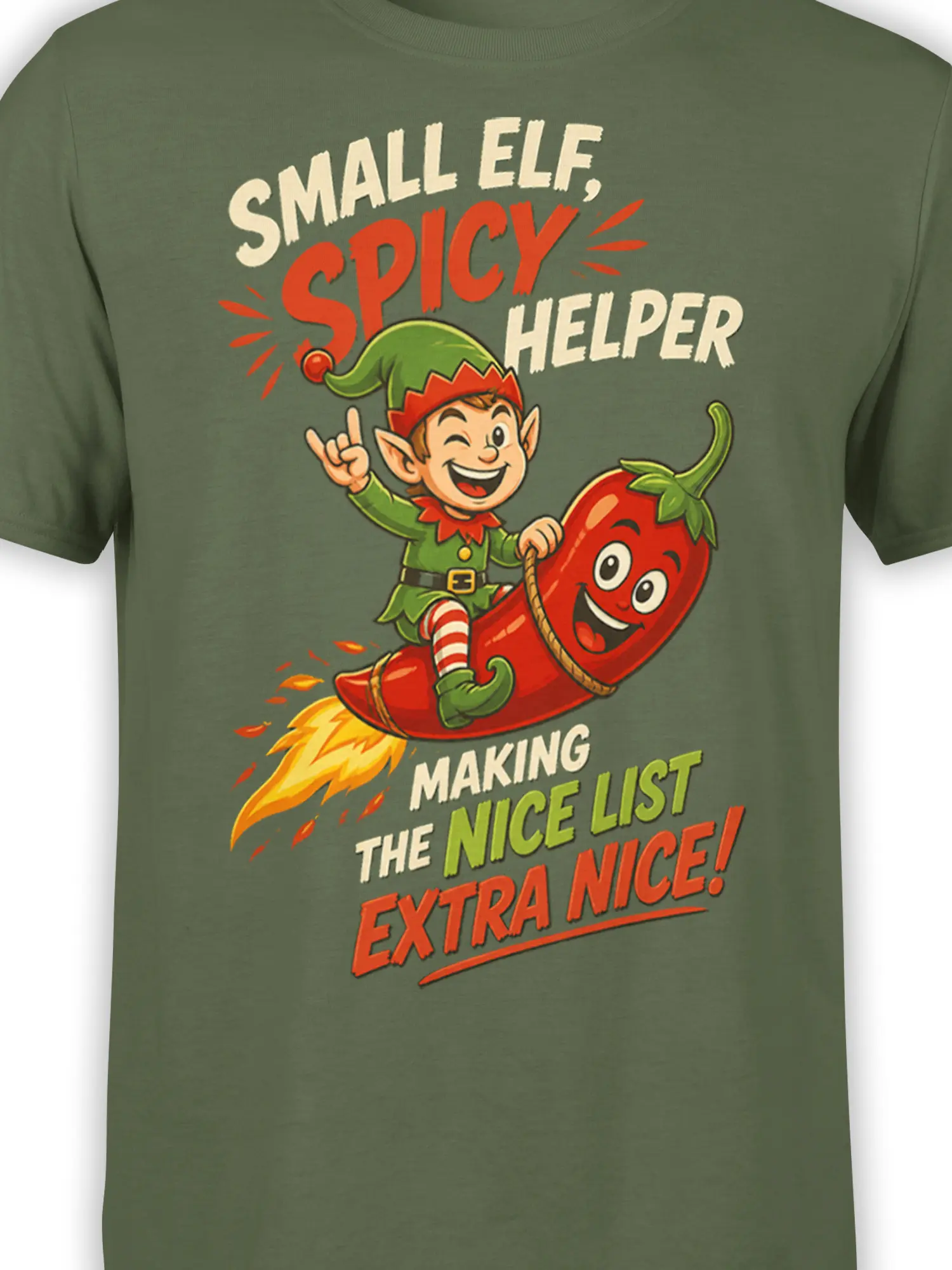 Close-up of smiling elf and red chili pepper rocket artwork on a green shirt