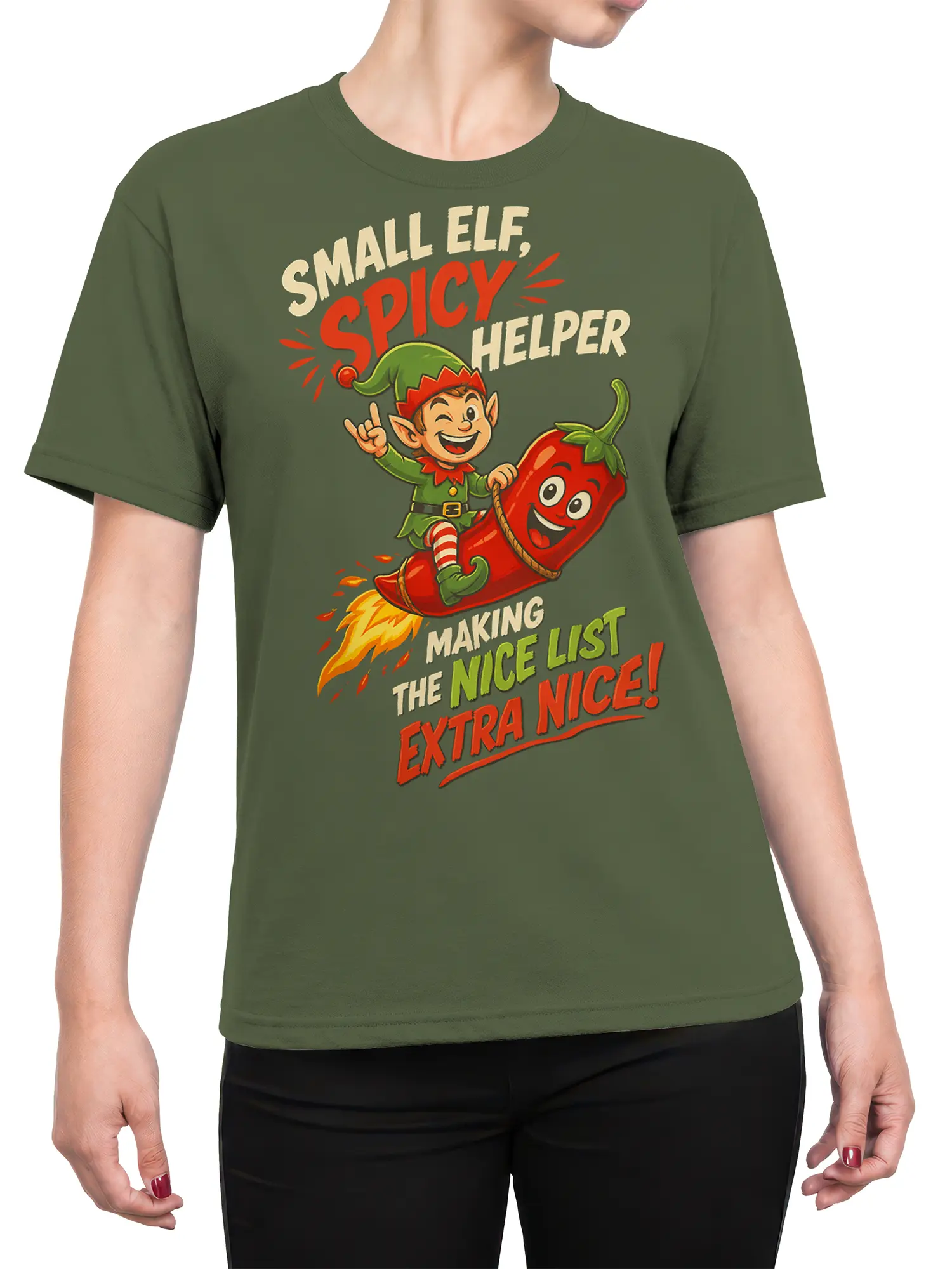 Female torso wearing a green shirt with a colorful elf and flying chili pepper design