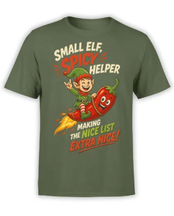 Green shirt with a smiling elf riding a flying red chili pepper and bold nice list lettering