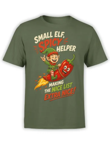 Green shirt with a smiling elf riding a flying red chili pepper and bold nice list lettering