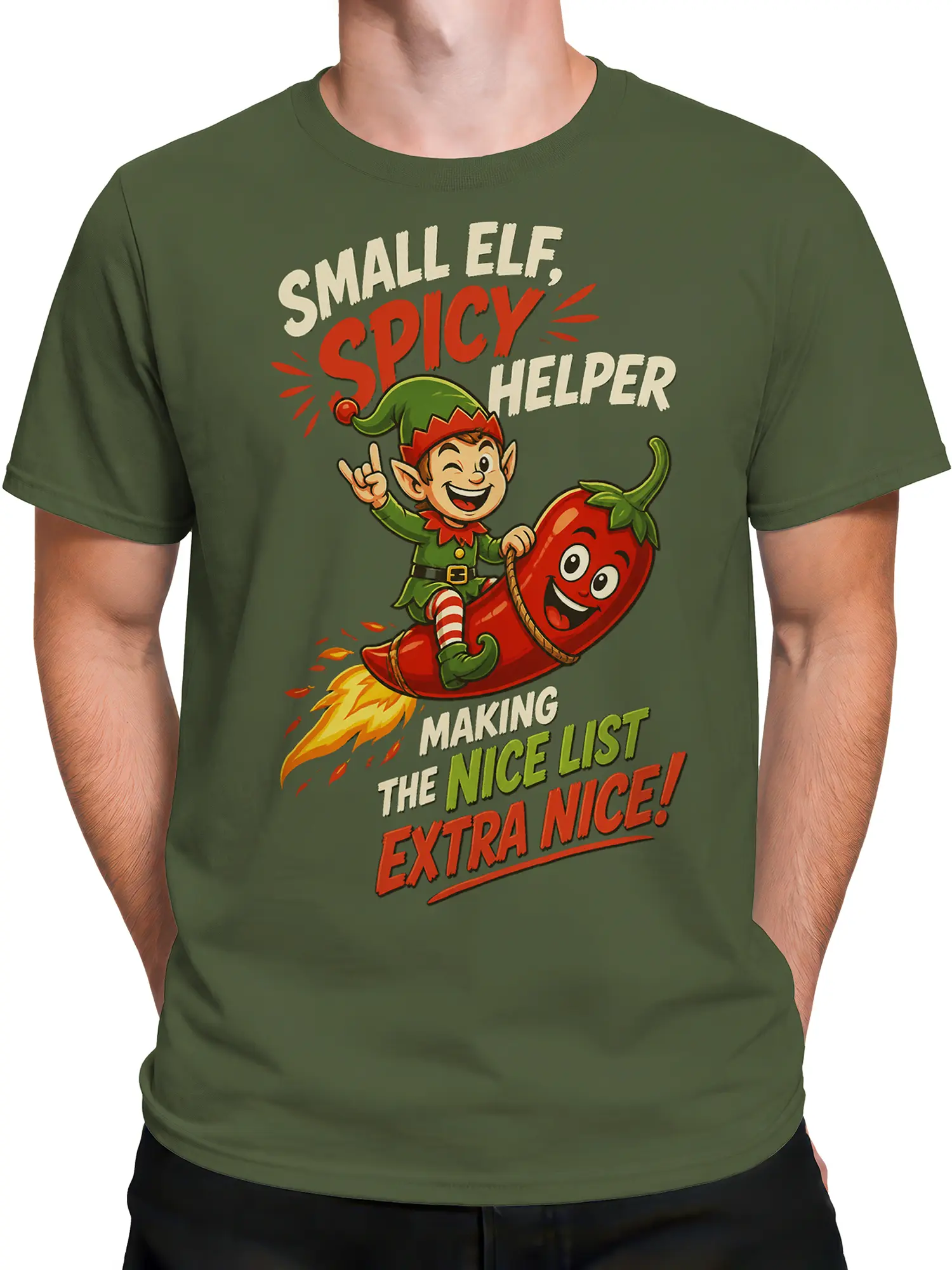 Male torso wearing a green shirt with a smiling elf and nice list graphic