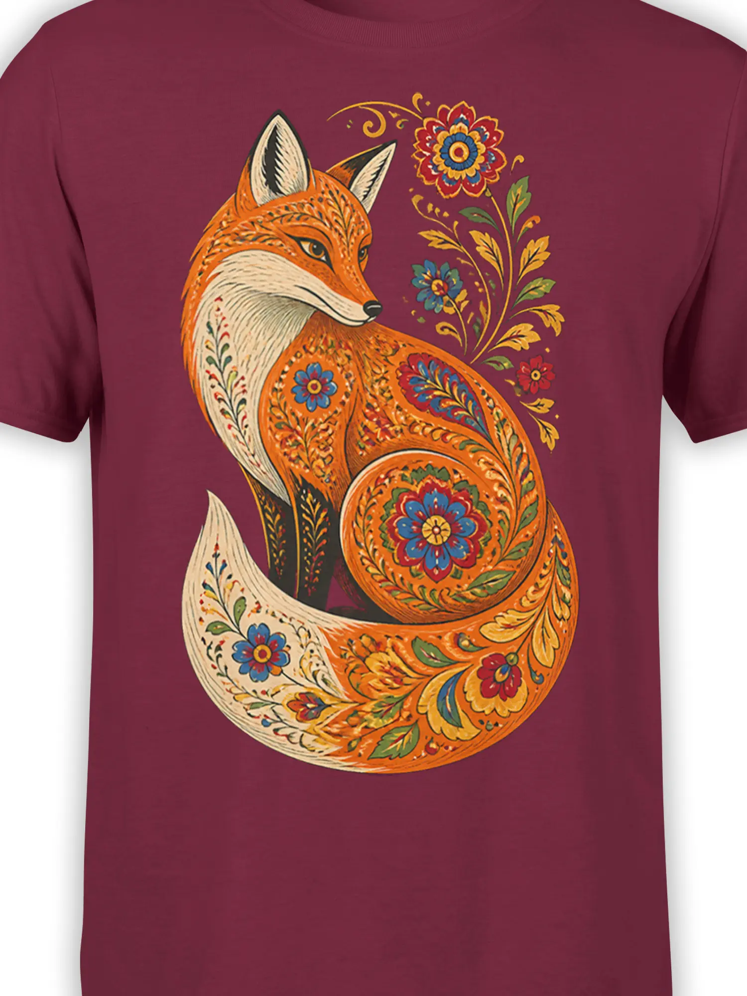 Close-up of the floral fox artwork with orange, blue, red, green, and gold folk-art details