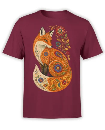 Decorative orange fox with floral folk-art patterns on a burgundy graphic T-shirt
