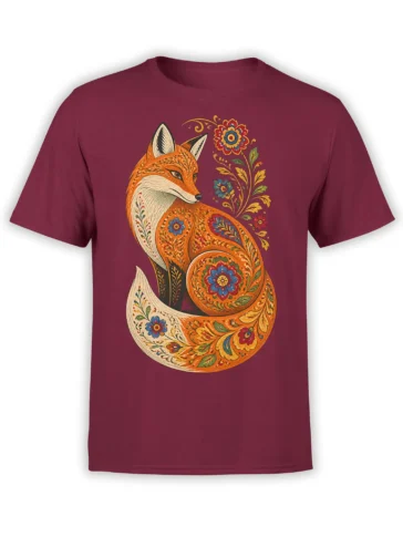 Decorative orange fox with floral folk-art patterns on a burgundy graphic T-shirt